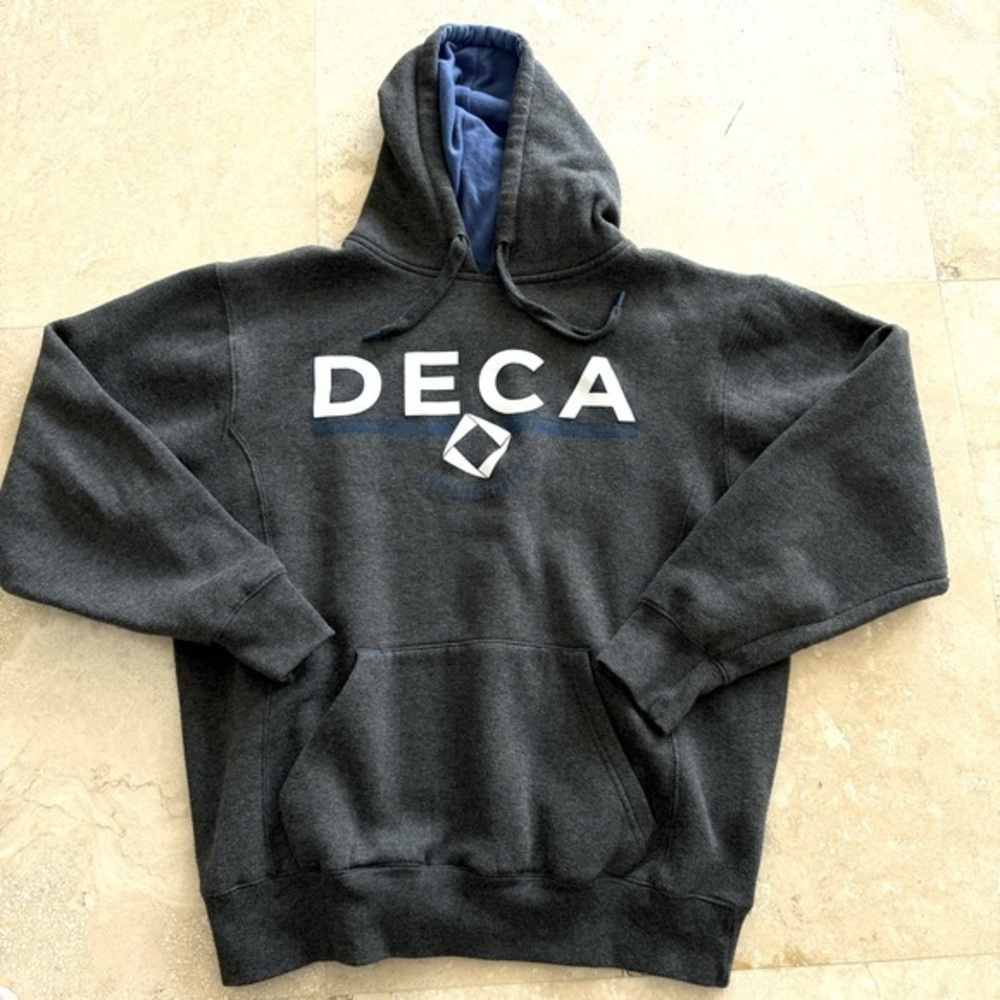 DECA business club heavyweight hoodie, charcoal gray, logo front Sz M